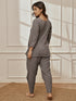 Women Grey Linen Cotton Three-Quarter Sleeves Top with Matching Straight Pants Yoga Set